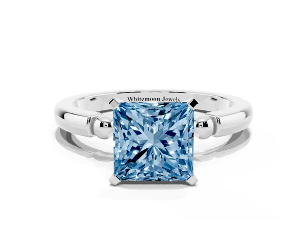 Fancy Blue Princess Cut Solitaire Beaded Band with Four-Prong Setting Platinum