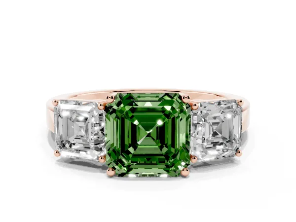 Fancy Green Three-Stone Asscher Cut Cut Diamond Engagement Ring with Flat Band and Four-Prong Setting Rose gold