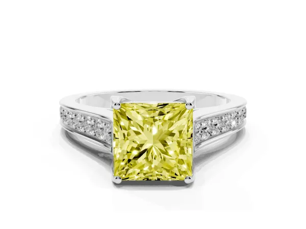 Fancy Yellow Princess Cut Brilliant Cut Diamond Engagement Ring with Pavé Band and Four-Prong Setting White gold