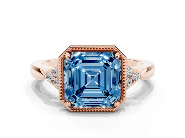 Fancy Blue Milgrain Asscher Cut Cut Diamond Ring with Tapered Pave Band and Four Prong Setting Rose gold