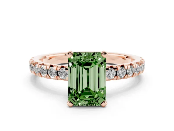 Fancy Green Emerald Cut Diamond Solitaire Pavé Engagement Ring with Round Band and Prong Setting Rose gold