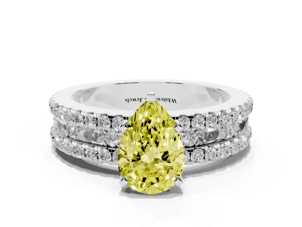 Fancy Yellow Pear Cut Diamond Solitaire Ring with Pavé and Channel Set Band White gold