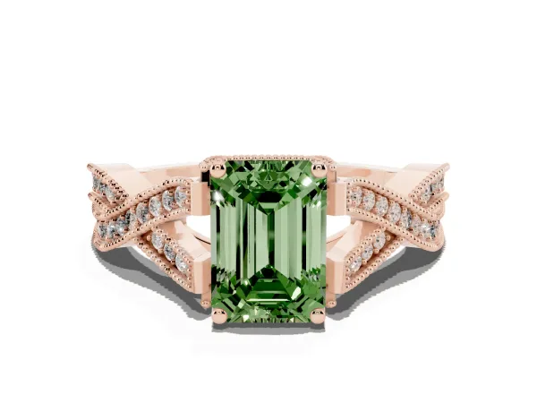 Fancy Green Emerald Cut Cut Diamond Twisted Band with Milgrain Pave Setting and Four-Prong Setting Rose gold
