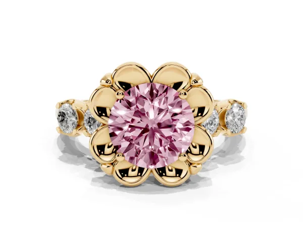 Fancy Pink Round Cut Cut Diamond Floral Halo Engagement Ring with Shared Prong Setting Yellow gold