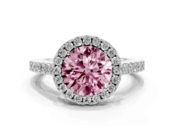 Fancy Pink Round Cut Halo Diamond Pavé Solitaire Ring Platinum