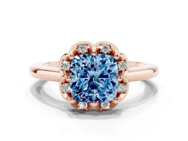 Fancy Blue Cushion Cut Halo Diamond Ring with Round Cluster Setting, Solitaire Band, and Four-Prong Setting Rose gold