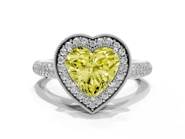 Fancy Yellow Heart Cut Cut Halo Diamond Pave Band with Four-Prong Setting White gold