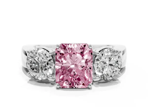 Fancy Pink Three-Stone Radiant Cut Diamond Ring with Round Side Stones, Classic Band, and Four-Prong Setting White gold