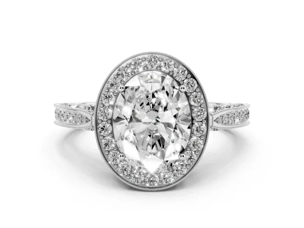 Oval Cut Halo Diamond Engagement Ring with Split Shank Band and Four-Prong Setting Platinum