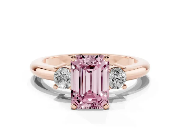 Fancy Pink Three-Stone Emerald Cut Cut Diamond Solitaire with Prong Setting and Classic Band Rose gold