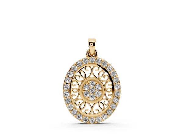 Round Halo Filigree Pendant with Pavé Setting Yellow gold