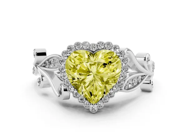 Fancy Yellow Heart Cut Diamond Halo Ring with Vintage Split Shank and Four-Prong Setting White gold