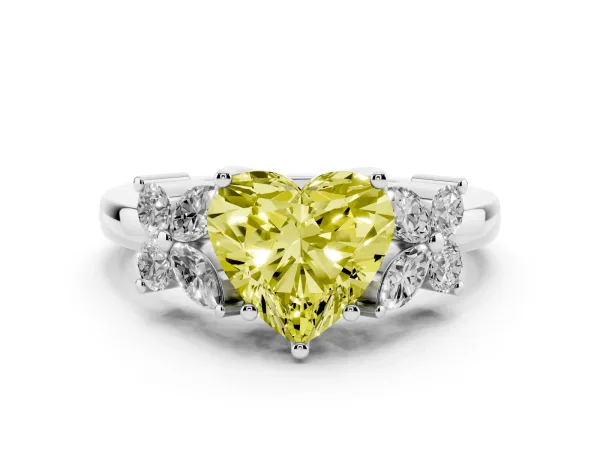 Fancy Yellow Heart Cut Diamond Floral Cluster Ring with Solitaire Band and Prong Setting White gold
