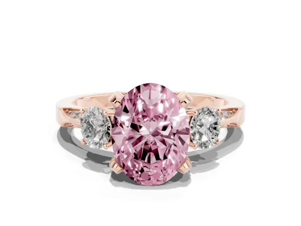 Fancy Pink Oval Cut Brilliant Three-Stone Diamond Ring with Pavé Band and Four-Prong Setting Rose gold