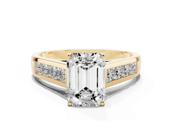 Emerald Cut Solitaire Channel-Set Diamond Engagement Ring with Four-Prong Setting Yellow gold