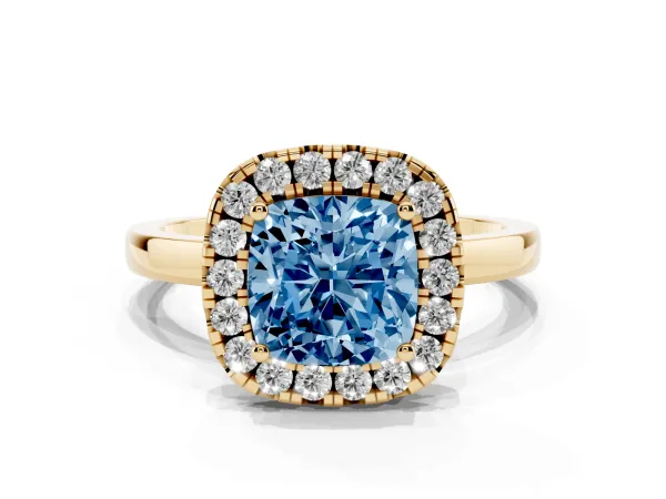 Fancy Blue Cushion Cut Halo Diamond Solitaire with Pavé Band and Four-Prong Setting Yellow gold