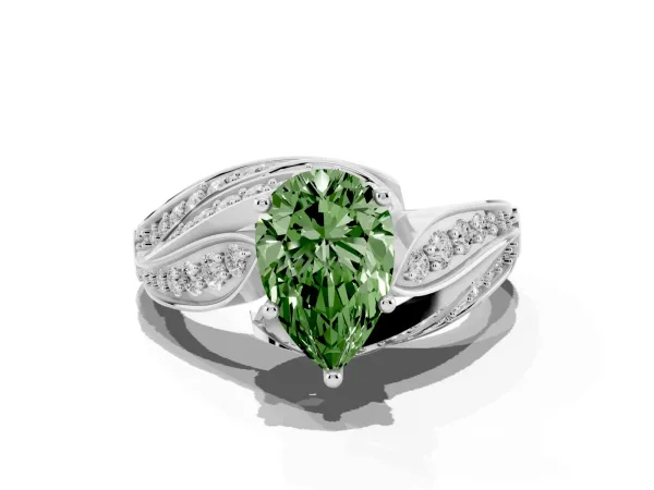 Fancy Green Pear Cut Diamond Solitaire Ring with Prong Setting and Twisted Pavé Band White gold