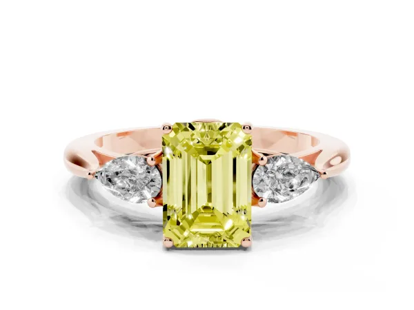 Fancy Yellow Three-Stone Emerald Cut Brilliant Diamond Solitaire Ring with Tapered Band and Four-Prong Setting Rose gold