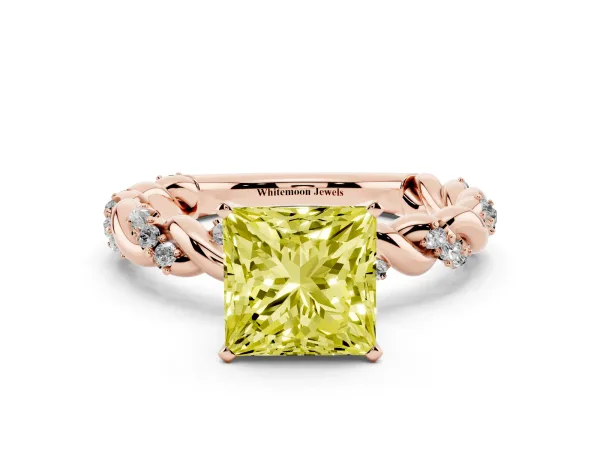 Fancy Yellow Princess Cut Diamond Solitaire Ring with Twisted Band and Pavé Accents Rose gold