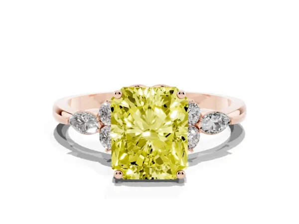 Fancy Yellow Radiant Cut Brilliant Diamond Solitaire Ring with Pear Side Stones and Four-Prong Setting Rose gold