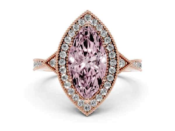 Fancy Pink Marquise Cut Halo Round Diamond Milgrain Pave Engagement Ring Rose gold