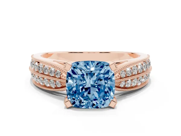 Fancy Blue Cushion Cut Diamond Solitaire Ring with Milgrain Round Pavé Band and Prong Setting Rose gold
