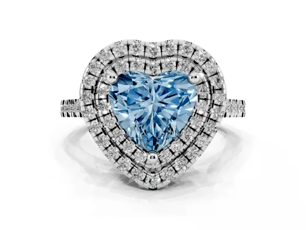 Fancy Blue Double Halo Heart Cut Diamond Pavé Band with Four-Prong Setting White gold