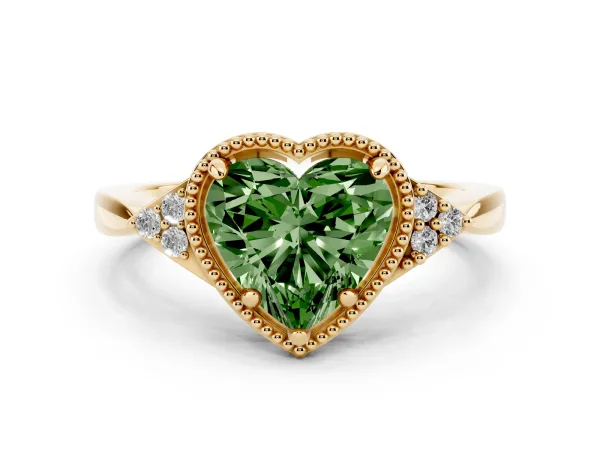 Fancy Green Milgrain Heart Cut Cut Diamond Ring with Tapered Pave Band and Four Prong Setting Yellow gold