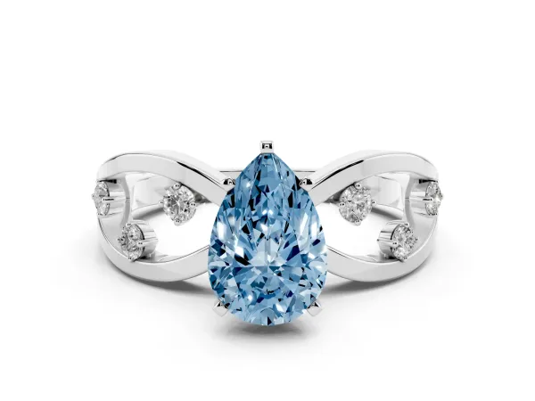 Fancy Blue Pear Cut Cut Solitaire Diamond with Side Stones on Criss-Cross Band and Four-Prong Setting Platinum