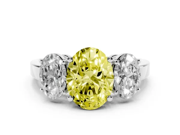 Fancy Yellow Three-Stone Oval Cut Cut Diamond Engagement Ring with Flat Band and Four-Prong Setting White gold