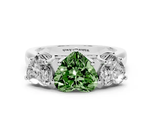 Fancy Green Heart Cut Three-Stone Diamond Ring with Prong Setting on a Classic Band Platinum
