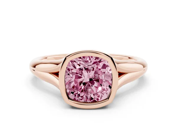 Fancy Pink Bezel Set Cushion Cut Solitaire Diamond Ring with Smooth Band Rose gold