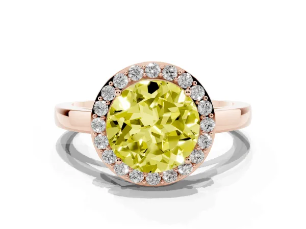 Fancy Yellow Round Cut Halo Diamond Ring with Solitaire Band and Prong Setting Rose gold