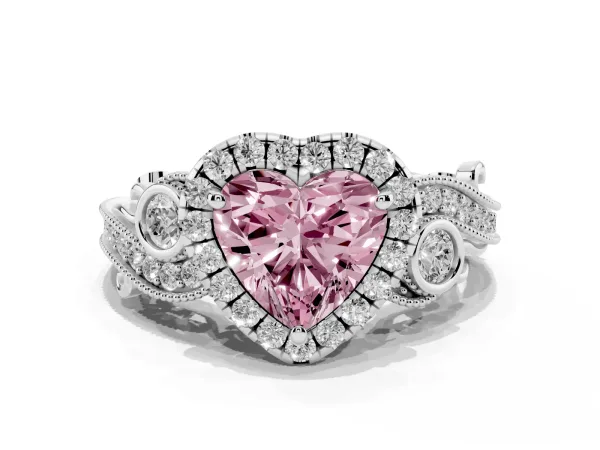 Fancy Pink Heart Cut Diamond Halo Ring with Milgrain Pavé Band and Four-Prong Setting Platinum