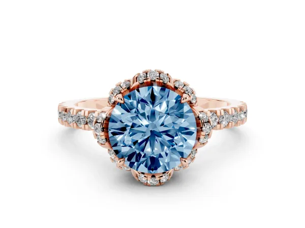 Fancy Blue Round Cut Diamond Halo Pave Band with Four-Prong Setting Rose gold