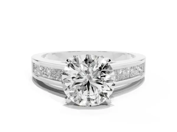 Round Cut Solitaire Diamond Ring with Channel-Set Band and Four-Prong Setting White gold