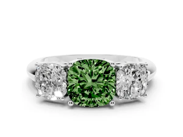 Fancy Green Three-Stone Cushion Cut Cut Diamond Engagement Ring with Prong Setting on a White Gold Band White gold