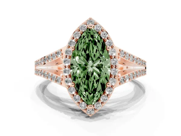 Fancy Green Marquise Cut Halo Split Shank Diamond Ring with Prong Setting Rose gold