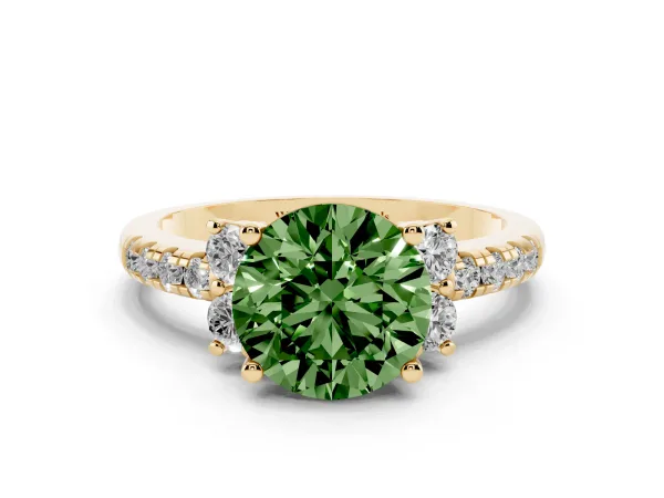 Fancy Green Round Cut Diamond Three-Stone Pave Band with Four-Prong Setting Yellow gold