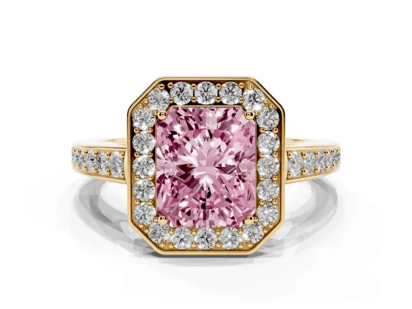 Fancy Pink Radiant Cut Halo Pavé Diamond Engagement Ring with Bezel Setting Yellow gold
