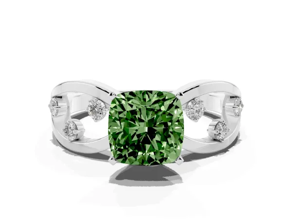 Fancy Green Cushion Cut Cut Solitaire Diamond with Side Stones on Criss-Cross Band and Four-Prong Setting Platinum
