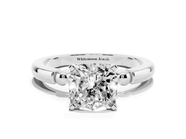 Cushion Cut Solitaire Beaded Band with Four-Prong Setting White gold