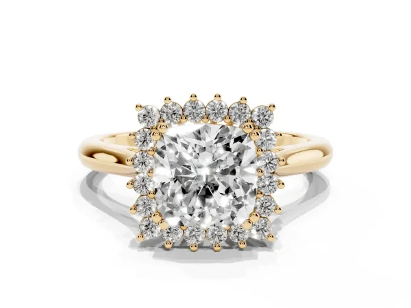 Cushion Cut Cut Diamond Halo Ring with Solitaire Band and Prong Setting Yellow gold