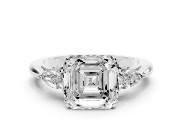 Three-Stone Asscher Cut Diamond Ring with Pear Side Stones in Four-Prong Setting White gold