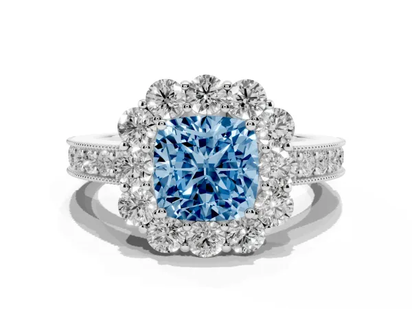 Fancy Blue Cushion Cut Cut Halo Diamond Pavé Engagement Ring with Milgrain Detailing White gold