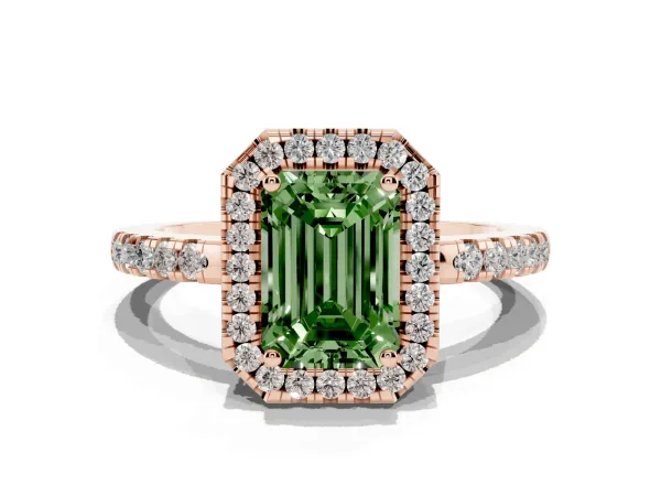 Fancy Green Emerald Cut Halo Diamond Engagement Ring with Pavé Band and Four-Prong Setting Rose gold
