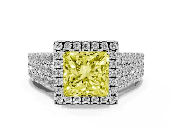 Fancy Yellow Princess Cut Diamond Halo Engagement Ring with Triple Row Round Pavé Band and Prong Setting Platinum