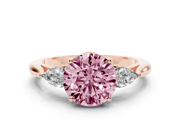 Fancy Pink Three-Stone Round Cut Brilliant Diamond Solitaire Ring with Tapered Band and Four-Prong Setting Rose gold