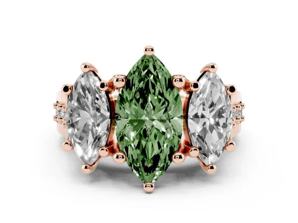 Fancy Green Marquise Cut Diamond Three-Stone Ring with Channel Set Band and Four-Prong Setting Rose gold