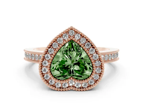Fancy Green Heart Cut Cut Halo Diamond Ring with Pavé Band and Milgrain Prong Setting Rose gold